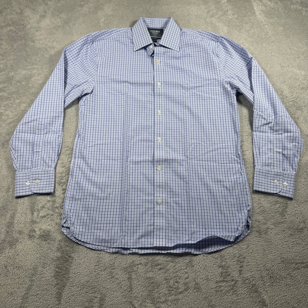 Bonobos Dress Shirt Mens 15x32 Blue White Plaid Wrinkle Free Standard Career